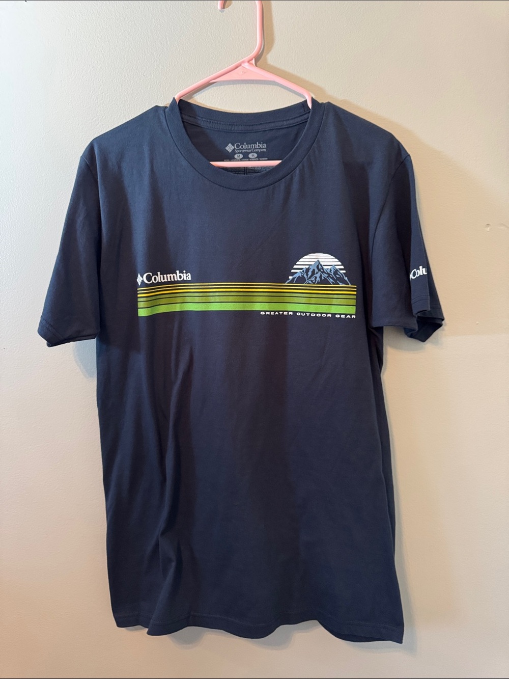 Columbia Navy Short-Sleeve Tee with Mountain Graphic and Green Stripes